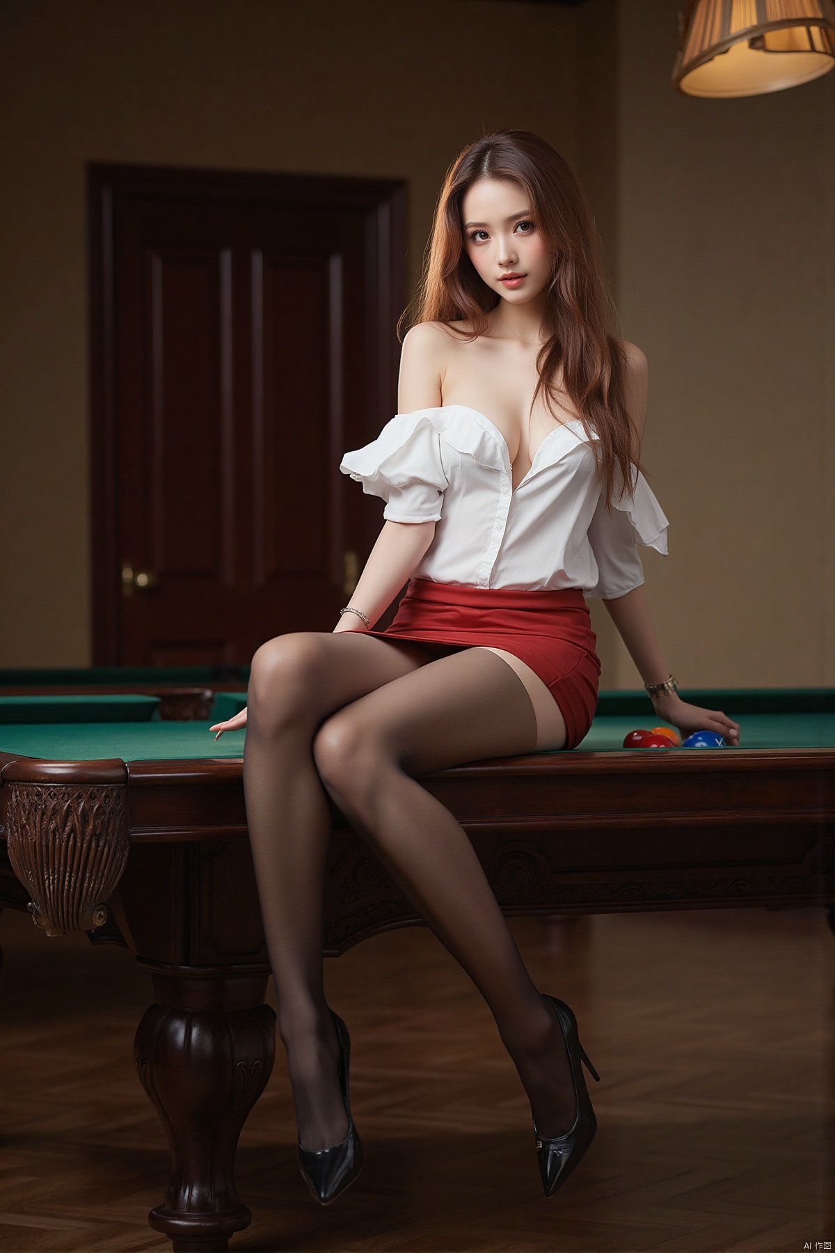 Realistic photo of young woman, long hair, fair skin, big breasts, off-shoulder shirt, short pencil skirt, (shiny pantyhose), high heels, full body, sitting on the pool table,