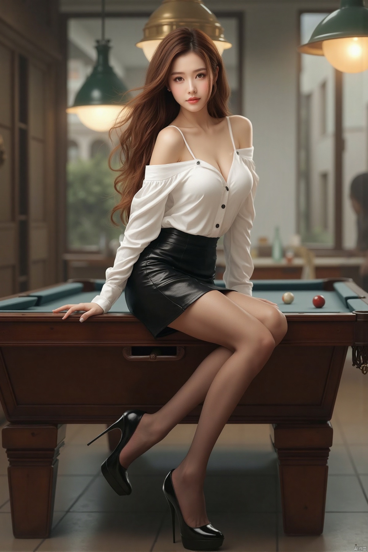 Realistic photo of young woman, long hair, fair skin, big breasts, off-shoulder shirt, short pencil skirt, (shiny pantyhose), high heels, full body, sitting on the pool table,