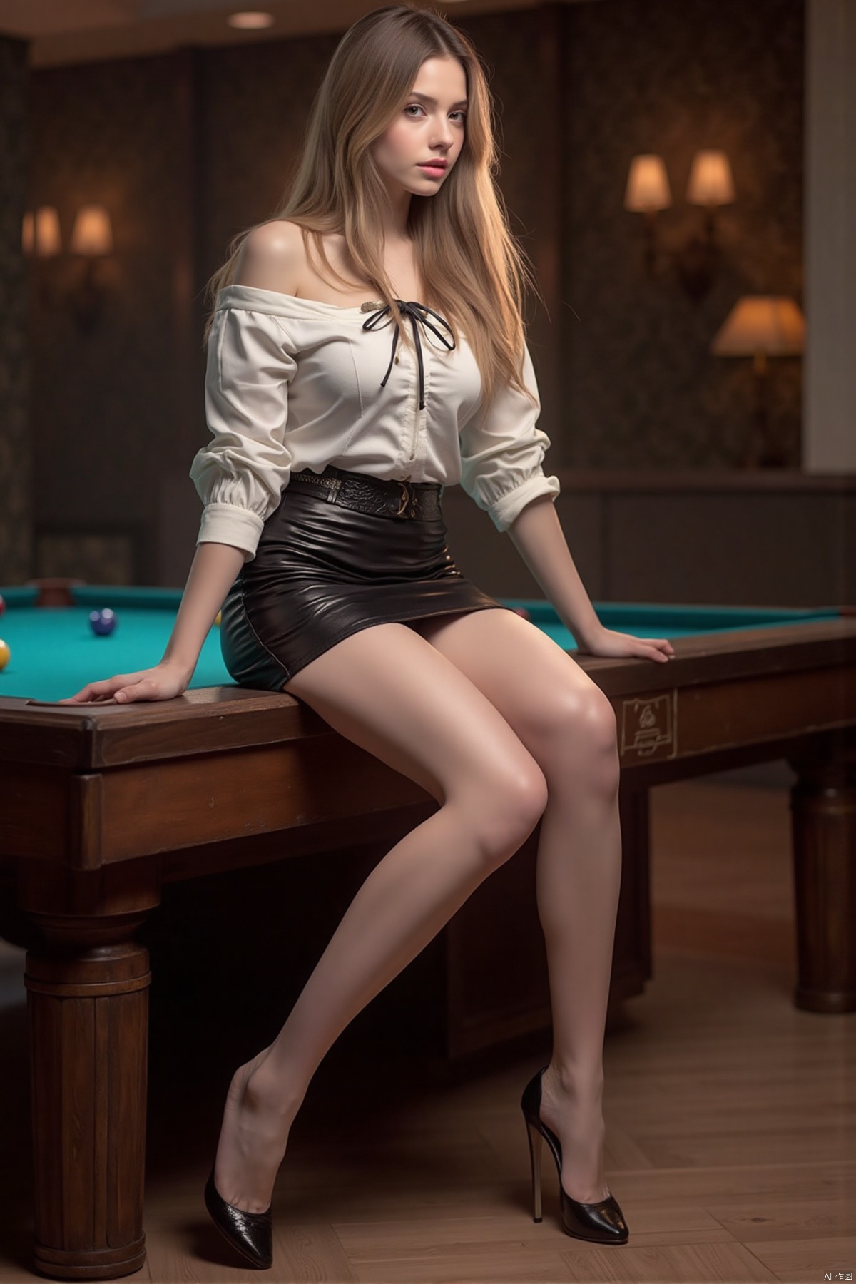 Realistic photo of young woman, long hair, fair skin, big breasts, off-shoulder shirt, short pencil skirt, (shiny pantyhose), high heels, full body, sitting on the pool table,