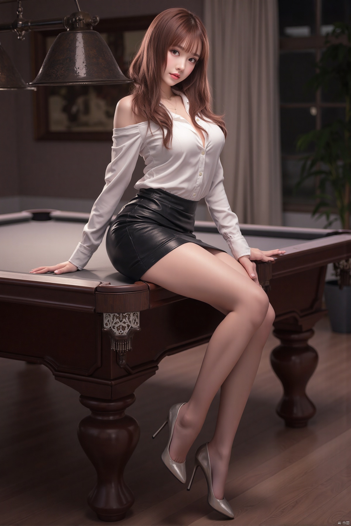 Realistic photo of young woman, long hair, fair skin, big breasts, off-shoulder shirt, short pencil skirt, (shiny pantyhose), high heels, full body, sitting on the pool table,