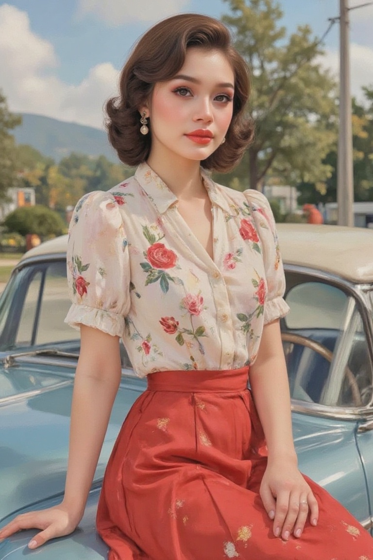 Full body of a stylish 1950s pin-up model with vintage flair,  sitting confidently on the hood of a classic car. She wears...