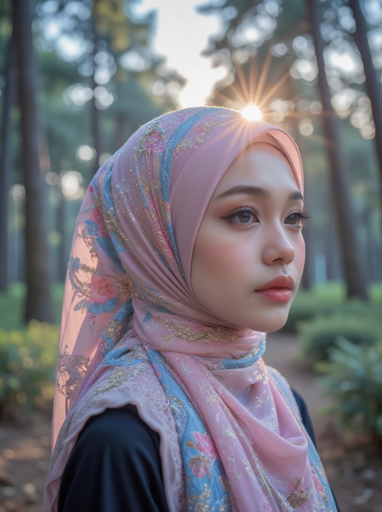 Acaptivating side-view portrait of a young woman in a fantasy manhwa art style,  wearing a pink hijab in an enchanted fore...