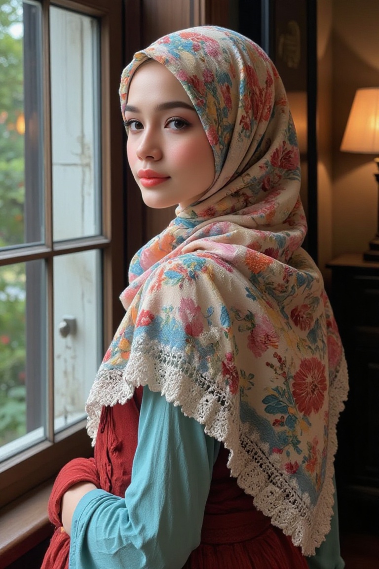 Paint a young woman near an open window,  inspired by Vermeer,  using hyper-realistic acrylic with vibrant colors. The tex...