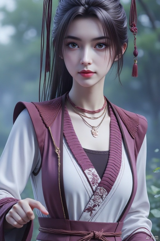 1girl, solo, long hair, looking at viewer, brown hair, black hair, hair ornament, long sleeves, dress, jewelry, upper body, ponytail, outdoors, necklace, blurry, blurry background, leaf, chinese clothes, realistic, hanfu