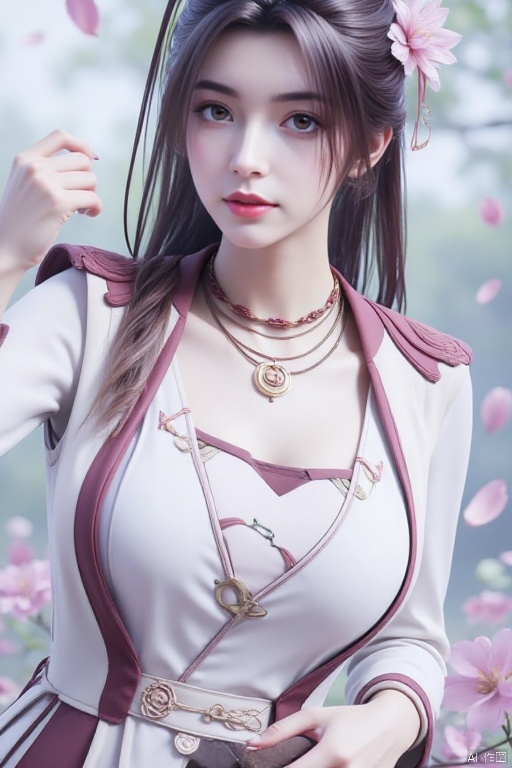 1girl, solo, long hair, breasts, large breasts, brown hair, hair ornament, dress, cleavage, jewelry, upper body, ponytail, braid, flower, hand up, necklace, white dress, book, petals