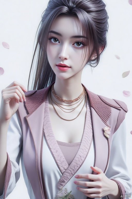 1girl, solo, long hair, breasts, large breasts, brown hair, hair ornament, dress, cleavage, jewelry, upper body, ponytail, braid, flower, hand up, necklace, white dress, book, petals