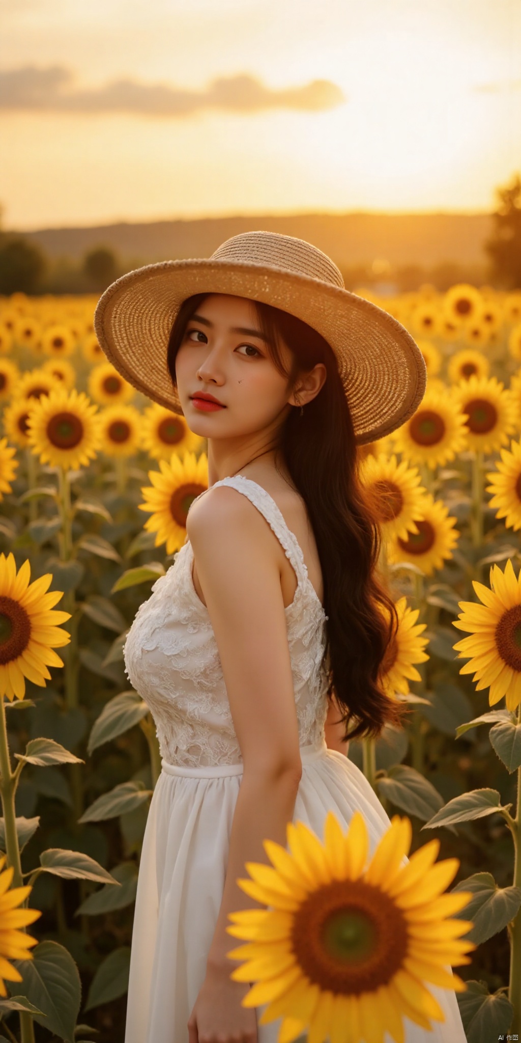 ,,meinvzi,((Girl in straw hat looking back in a field of sunflowers)), (backlight), (best illumination, best shadow, an extremely delicate and beautiful), Girl on the center axis of the picture, small breasts, ((Sunflowers with the ultimate in detail)), beautiful detailed sky, Perfect body, (beautiful detailed face), extremely delicate and beautiful girls, Sunflower fields at sunset, sunset, black hair, beautiful detailed cloud, (((extremely detailed CG unity 8k wallpaper, masterpiece, best quality, ultra-detailed))), dynamic angle, floating, finely detail, (bloom), (shine), glinting stars, feather,nature,(sunlight), fairyland, (((The character is in the center of the frame)))