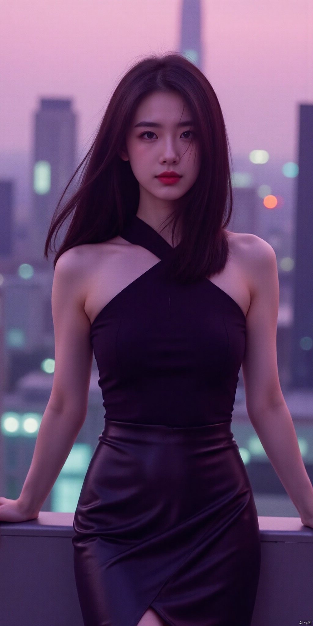 ,,meinvzi,best quality, masterpiece, realistic,(Good structure), DSLR Quality,Depth of field,,looking_at_viewer,Dynamic pose, neonpunk style Neon noir leogirl,hANMEIMEI,realistic photography,,On the rooftop of a towering skyscraper,a girl stands,facing the camera directly. Behind her,a multitude of skyscrapers stretches into the distance,creating a breathtaking urban panorama. It's the perfect dusk moment,with the evening sun casting a warm glow on the girl's face,intensifying the scene's impact. The photo captures a sense of awe,with the sharpness and realism making every detail vivid and clear,Hair fluttered in the wind,long hair,halterneck, . cyberpunk, vaporwave, neon, vibes, vibrant, stunningly beautiful, crisp, detailed, sleek, ultramodern, magenta highlights, dark purple shadows, high contrast, cinematic, ultra detailed, intricate, professional,,
