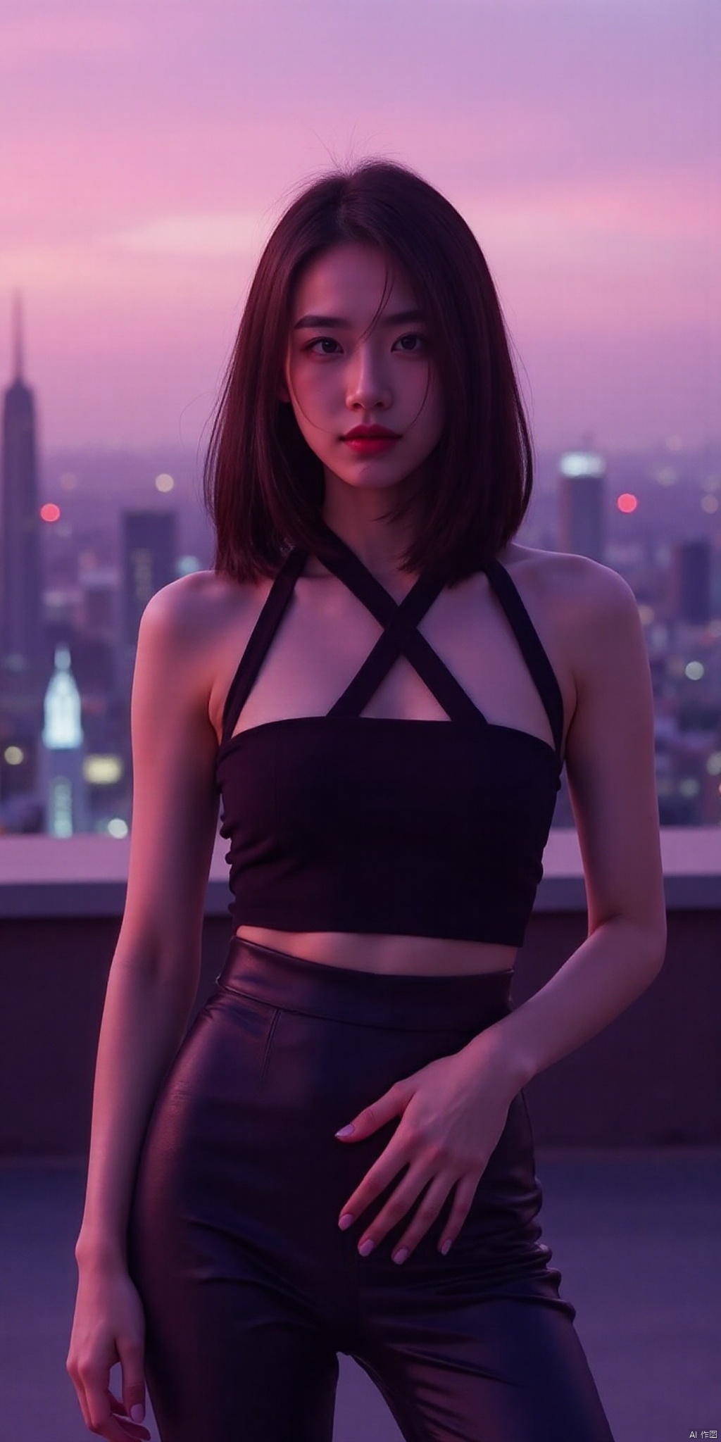 ,,meinvzi,best quality, masterpiece, realistic,(Good structure), DSLR Quality,Depth of field,,looking_at_viewer,Dynamic pose, neonpunk style Neon noir leogirl,hANMEIMEI,realistic photography,,On the rooftop of a towering skyscraper,a girl stands,facing the camera directly. Behind her,a multitude of skyscrapers stretches into the distance,creating a breathtaking urban panorama. It's the perfect dusk moment,with the evening sun casting a warm glow on the girl's face,intensifying the scene's impact. The photo captures a sense of awe,with the sharpness and realism making every detail vivid and clear,Hair fluttered in the wind,long hair,halterneck, . cyberpunk, vaporwave, neon, vibes, vibrant, stunningly beautiful, crisp, detailed, sleek, ultramodern, magenta highlights, dark purple shadows, high contrast, cinematic, ultra detailed, intricate, professional,,
