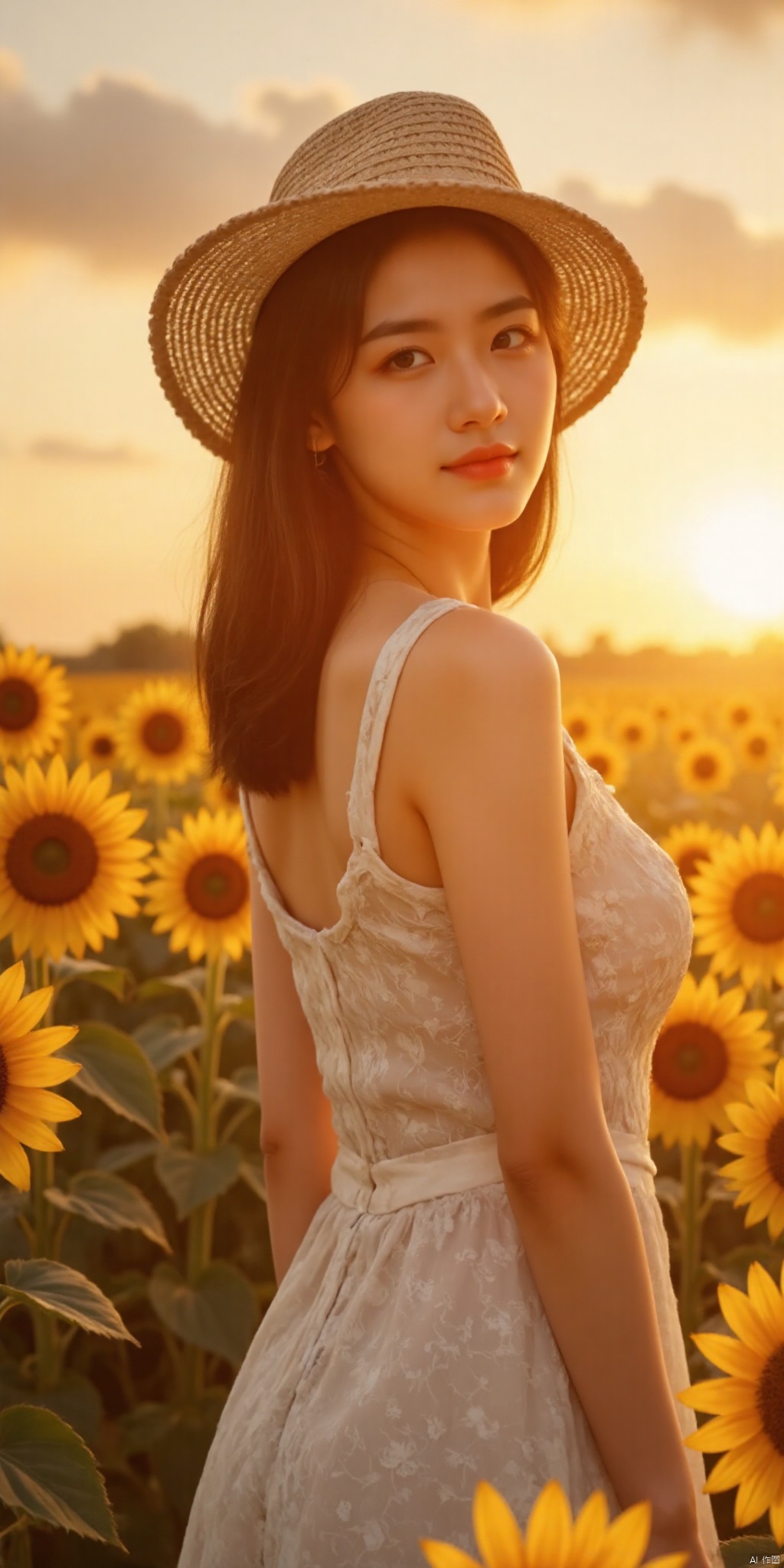 ,,meinvzi,((Girl in straw hat looking back in a field of sunflowers)), (backlight), (best illumination, best shadow, an extremely delicate and beautiful), Girl on the center axis of the picture, small breasts, ((Sunflowers with the ultimate in detail)), beautiful detailed sky, Perfect body, (beautiful detailed face), extremely delicate and beautiful girls, Sunflower fields at sunset, sunset, black hair, beautiful detailed cloud, (((extremely detailed CG unity 8k wallpaper, masterpiece, best quality, ultra-detailed))), dynamic angle, floating, finely detail, (bloom), (shine), glinting stars, feather,nature,(sunlight), fairyland, (((The character is in the center of the frame)))