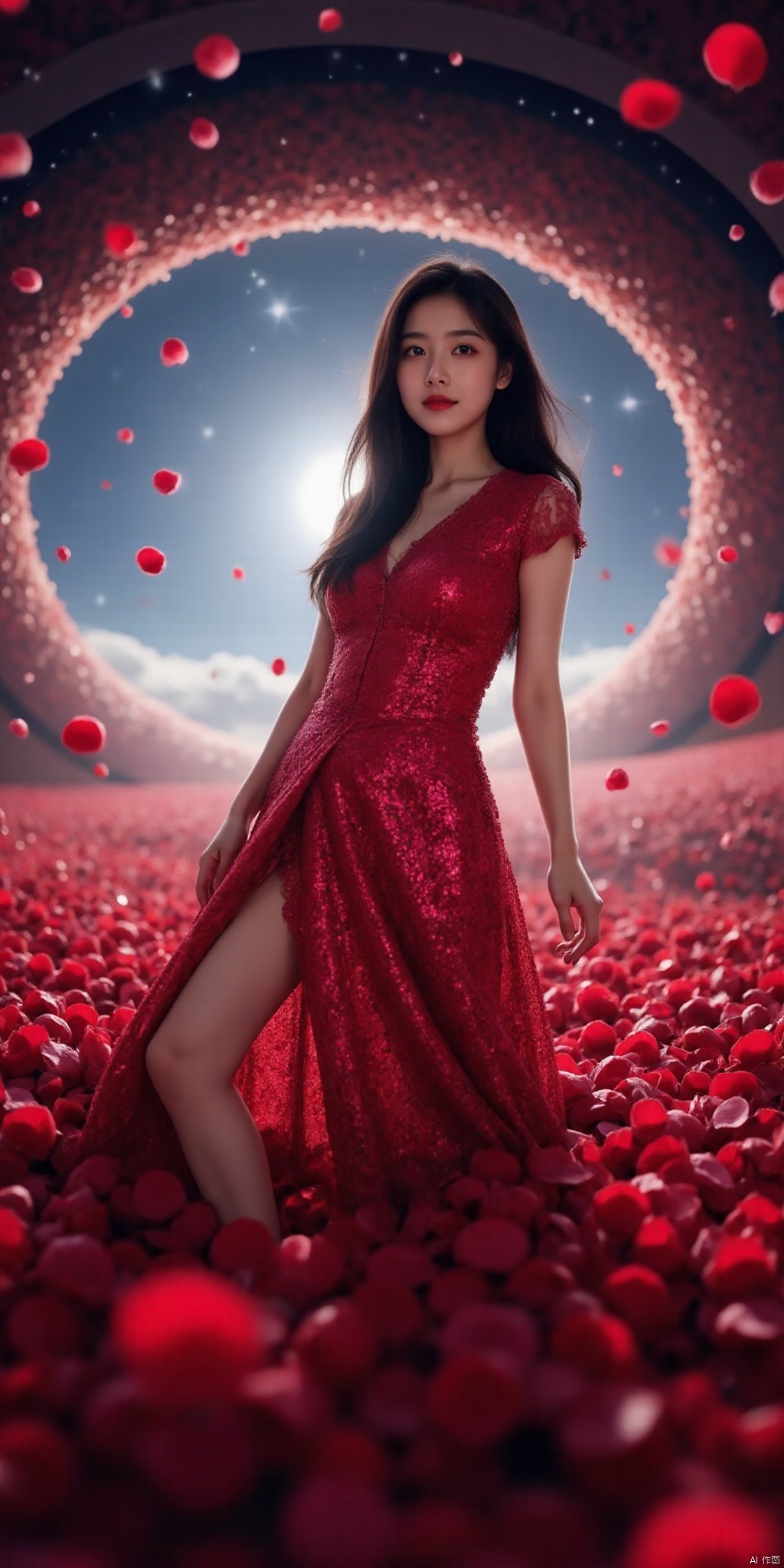,,meinvzi,(Good structure), DSLR Quality,Depth of field ,looking_at_viewer,Dynamic pose, , kind smile,1girl , 8k resolution, Masterpiece quality, High detail. from below, Fantasy theme, cropped. {(1 girl:1.5),(close to viewer:1.8), ((looking at viewer:2), beautiful face, ), ((worm's eye shot:1.2)),perspective distortion}, (Panoramic view, fisheye lens effect:1.1). {(Strong backlighting, underexposure:1.4), (blocked shadows:0.8), depth of field(at 100mm focal length:1.2)}, (horizon:0.7), low key earth. the starry sky feathering into the background, creating a sense of depth and gradient. Incorporating Droste Effect(an endless repetition and reflection:1.2). Surrounded by fluttering rose petals, reflected or casting dramatic shadows and highlights, {(meteor shower, planets:1.1), (Vermilion Comet:1.3)}. mesmerizing effect, a dreamlike ambiance of infinity. A vortex of rose petals, a starry sky vortex, , as, vortex, tyjf,
