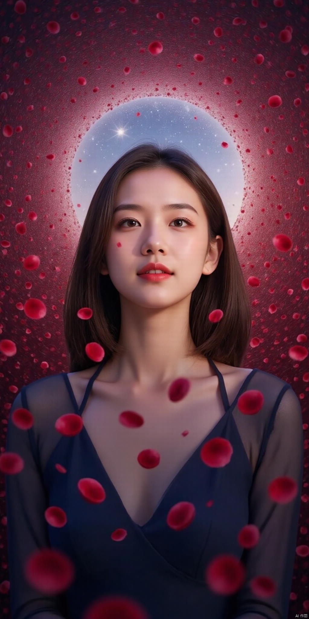 ,,meinvzi,(Good structure), DSLR Quality,Depth of field ,looking_at_viewer,Dynamic pose, , kind smile,1girl , 8k resolution, Masterpiece quality, High detail. from below, Fantasy theme, cropped. {(1 girl:1.5),(close to viewer:1.8), ((looking at viewer:2), beautiful face, ), ((worm's eye shot:1.2)),perspective distortion}, (Panoramic view, fisheye lens effect:1.1). {(Strong backlighting, underexposure:1.4), (blocked shadows:0.8), depth of field(at 100mm focal length:1.2)}, (horizon:0.7), low key earth. the starry sky feathering into the background, creating a sense of depth and gradient. Incorporating Droste Effect(an endless repetition and reflection:1.2). Surrounded by fluttering rose petals, reflected or casting dramatic shadows and highlights, {(meteor shower, planets:1.1), (Vermilion Comet:1.3)}. mesmerizing effect, a dreamlike ambiance of infinity. A vortex of rose petals, a starry sky vortex, , as, vortex, tyjf,
