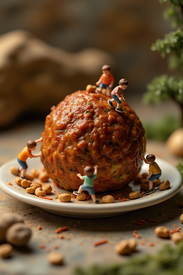 A detailed miniature world scene featuring kids in casual clothing climbing a giant meatball on a plate. The meatball is i...