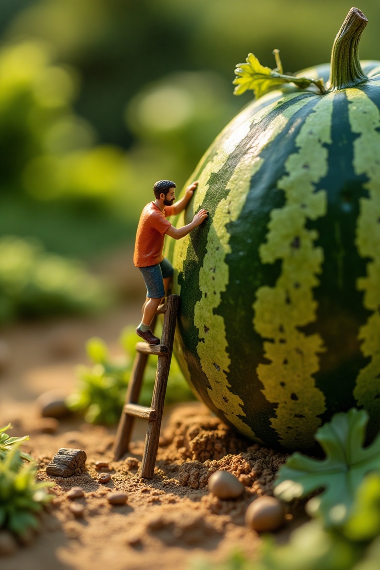 A detailed miniature world scene with a man in casual attire,  climbing a giant watermelon. The watermelon is intricately...