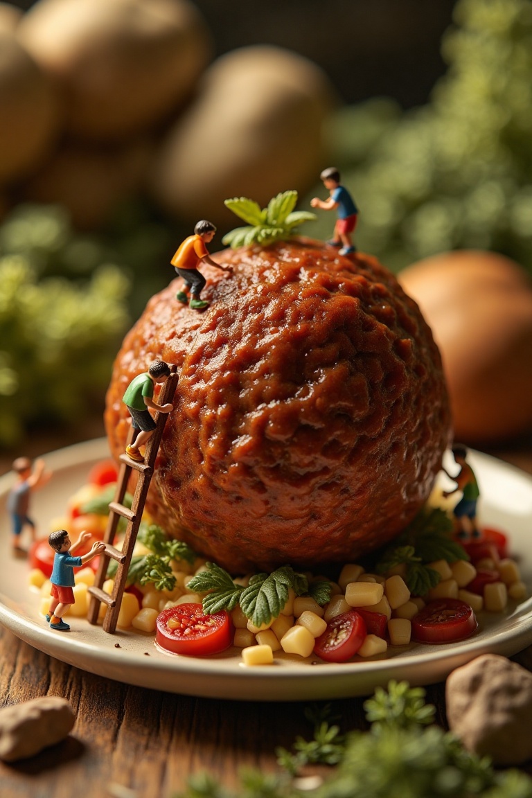 A detailed miniature world scene featuring kids in casual clothing climbing a giant meatball on a plate. The meatball is i...
