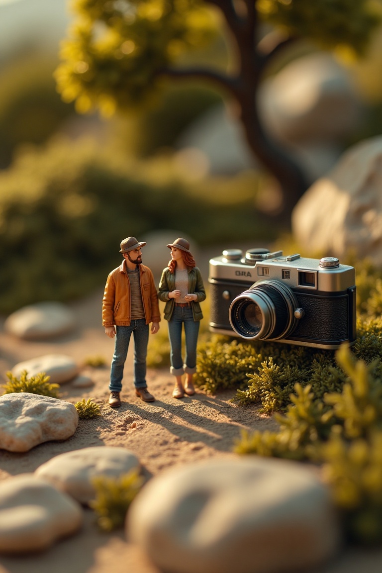 A detailed miniature world scene featuring a couple dressed in casual tourist attire,  standing next to a large camera. Th...