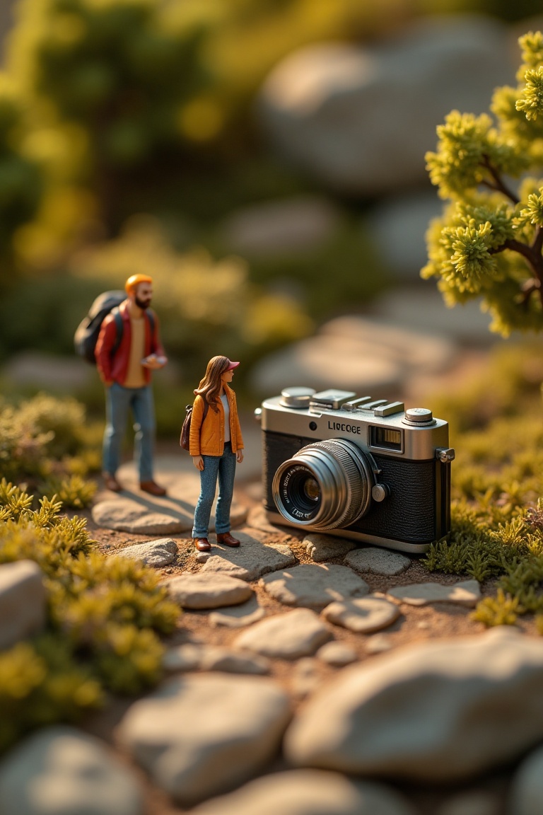 A detailed miniature world scene featuring a couple dressed in casual tourist attire,  standing next to a large camera. Th...
