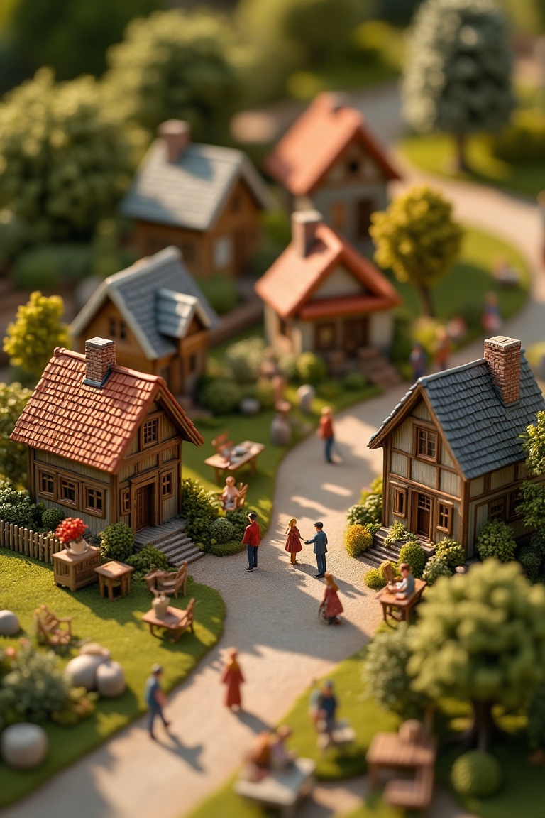 A detailed miniature world scene featuring a quaint house village with various tiny houses,  each with unique architectura...