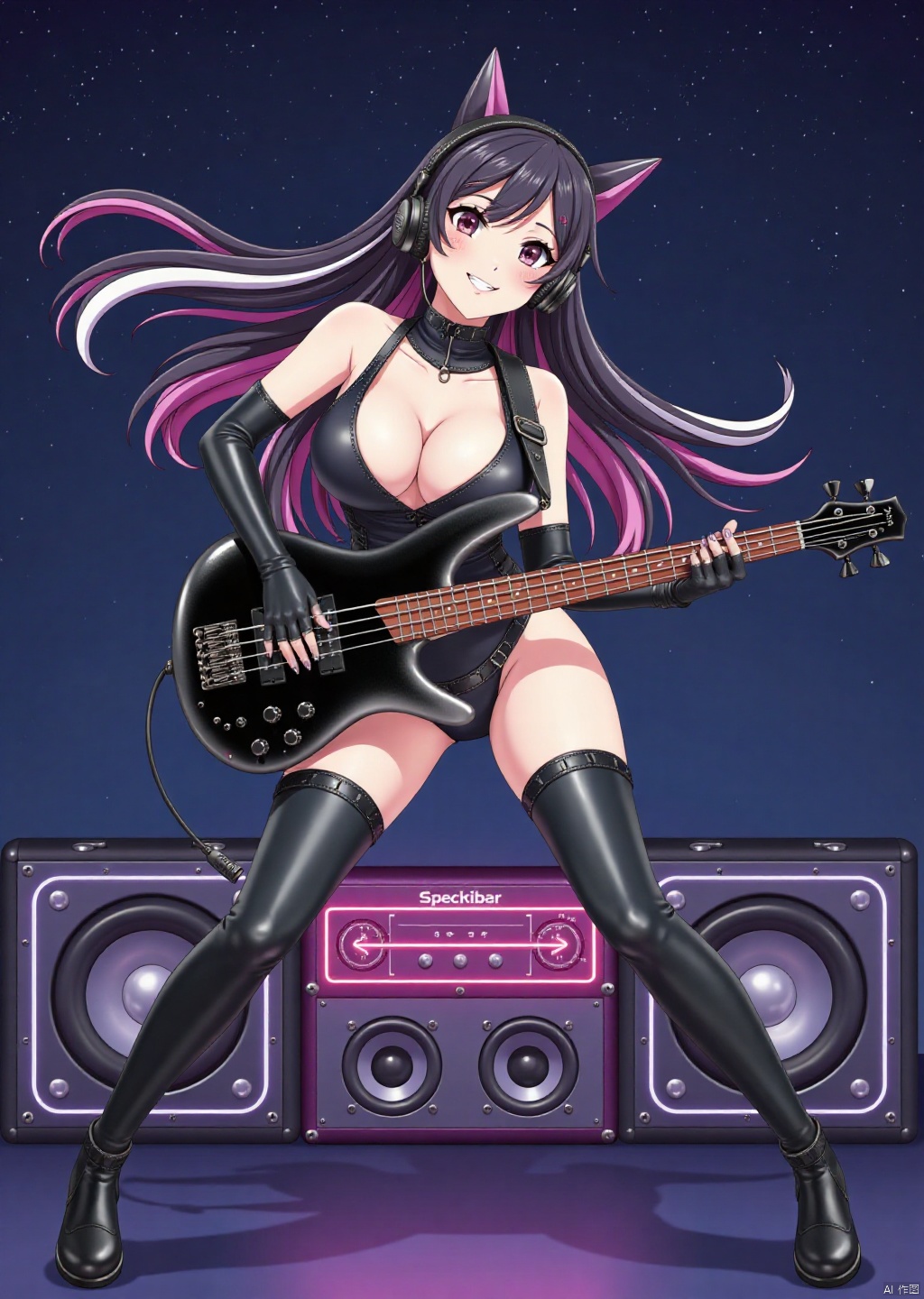 A breathtaking flat-color anime screencap showcases in a captivating huge-breasted woman,embodying the harmonious blend of artistry and sensuality.The dynamic-pose finds her donning a punk-inspired leather deep cleavage bodysuit, thigh-high boots,headphone,and elbow-length gloves,with flowing multicolored streaked hime cut hair framing the scene.As she plays a black 4 strings bass guitar, swirling musical notation swirls around her. Amidst stage with speaker,amplifier and star-trail with Aurora backdrops, her expressive features radiate energy and artistic passion, drawing the viewer into the midst of her creative fervor.