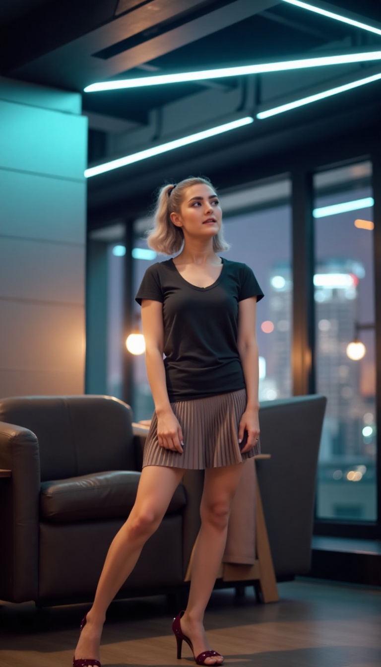 A young woman stands confidently in a sleek,  modern room with neon accents and metallic surfaces. She wears a fitted T-sh...