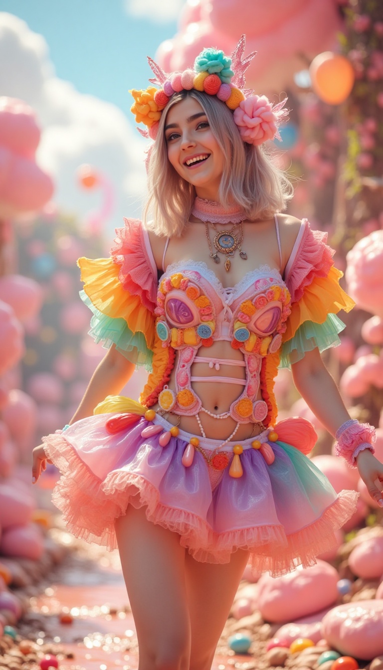 Imagine a vibrant and enchanting scene featuring a young woman dressed in an elaborate candy-themed uniform. Her attire is...