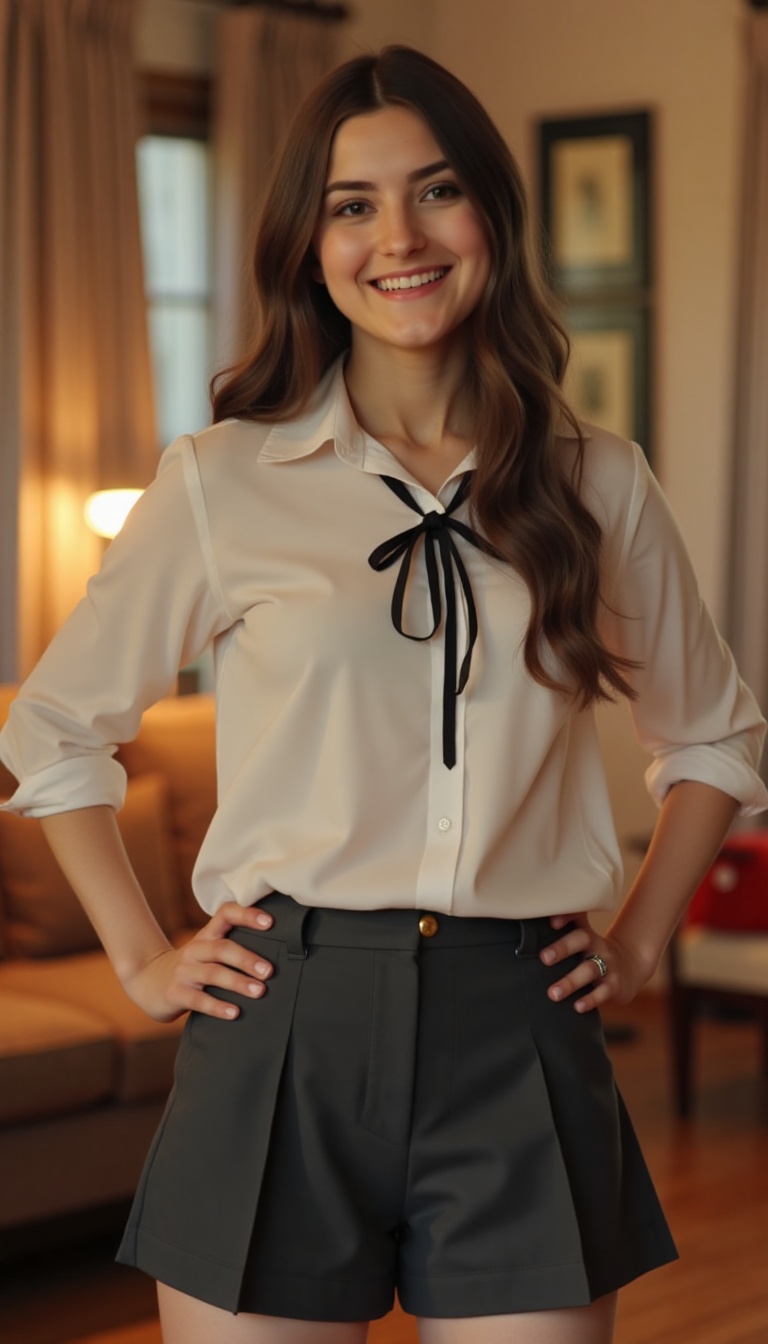 A confident young woman,  dressed in a crisp school uniform,  stands tall in a cozy living room setting. Her long on Tenso...