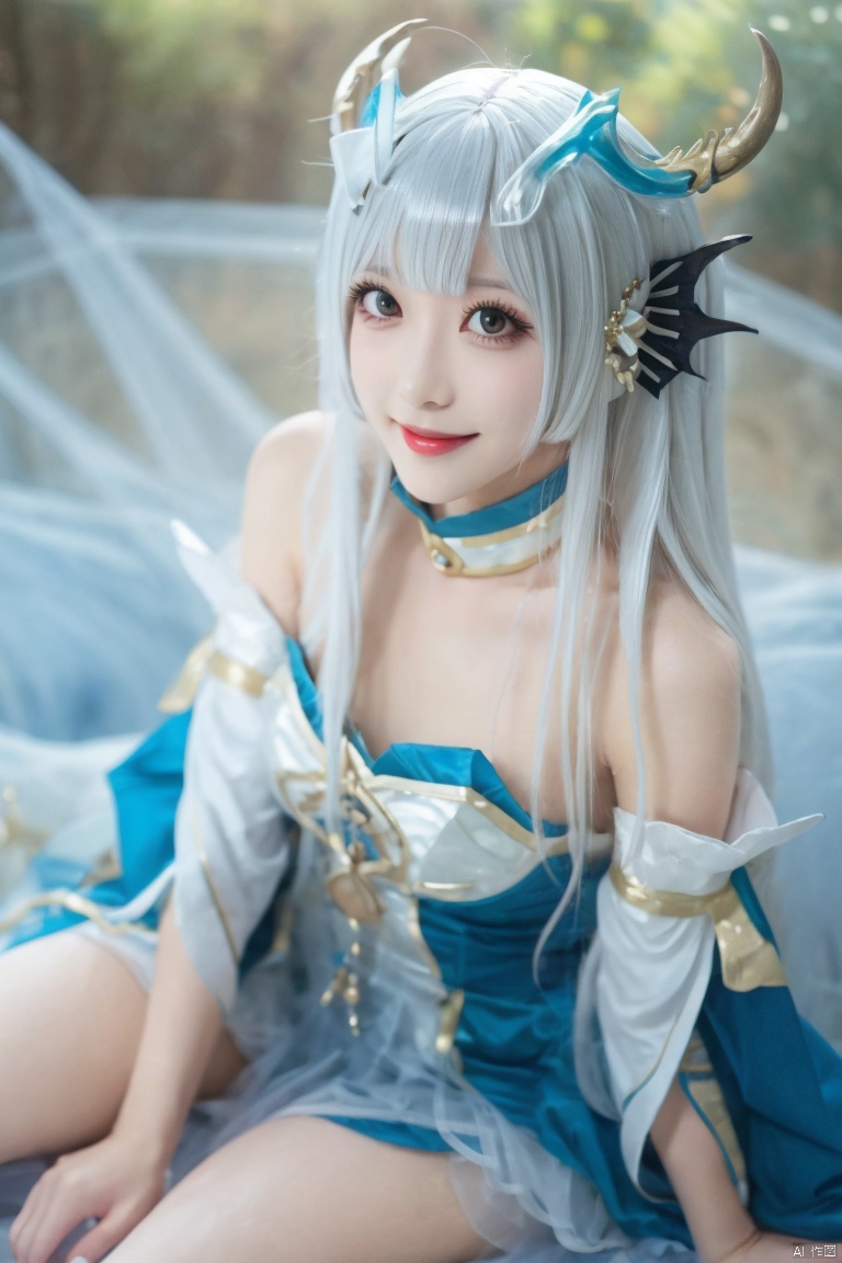 1girl, solo, long hair, looking at viewer, smile, bangs, hair ornament, dress, bare shoulders, sitting, white hair, detached sleeves, horns, cosplay, personification