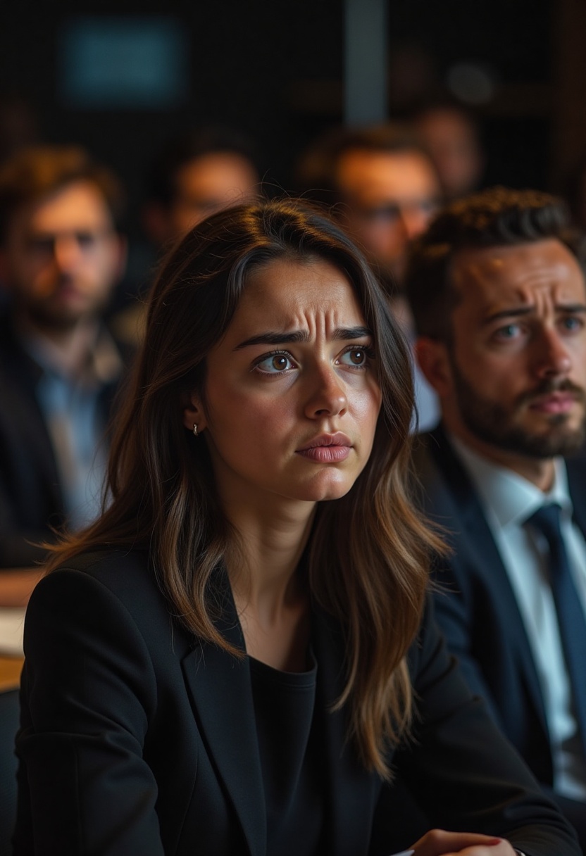 worried_girl,  In a dimly lit conference room,  a young woman sits at the forefront on Tensor.Art