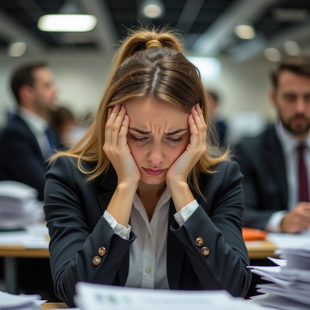 worried_girl,  In a bustling office environment,  a young woman sits at her desk on Tensor.Art