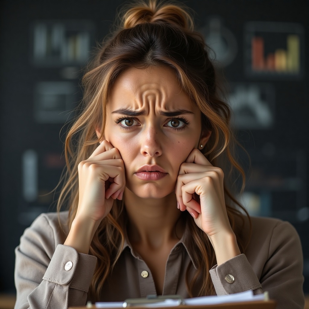 A young professional woman,  looking quite worried,  gazes directly at the viewer while holding a clipboard. Her expressio...
