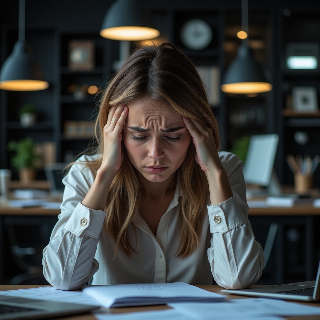worried_girl,  In a modern office setting,  a young businesswoman appears deeply concerned and thoughtful. Sitting at a co...