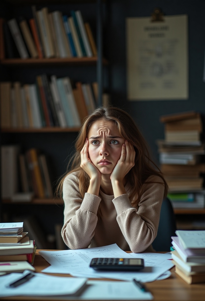worried_girl,  A young woman sits at a desk,  her expression one of concern and stress as she gazes into the distance. Her...