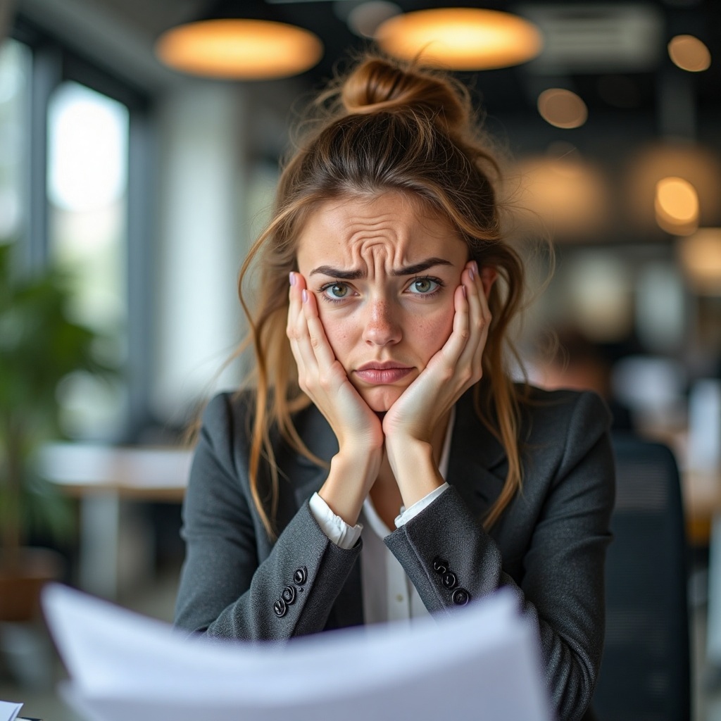 In the image,  a young professional woman sits in a well-lit office,  her expression one of concern or deep thought. She h...