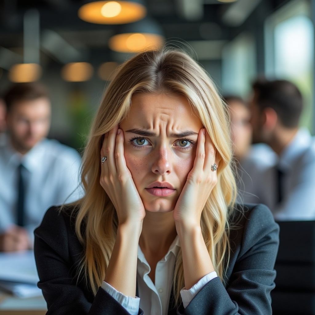 worried_girl,  In a corporate setting,  a young blonde woman appears visibly distressed and worried during a meeting. She...