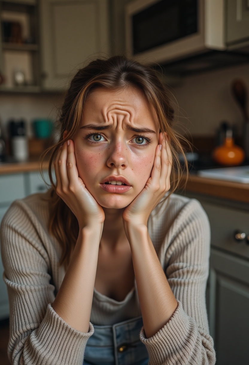 worried_girl,  In a domestic setting,  a young woman sits on the floor on Tensor.Art