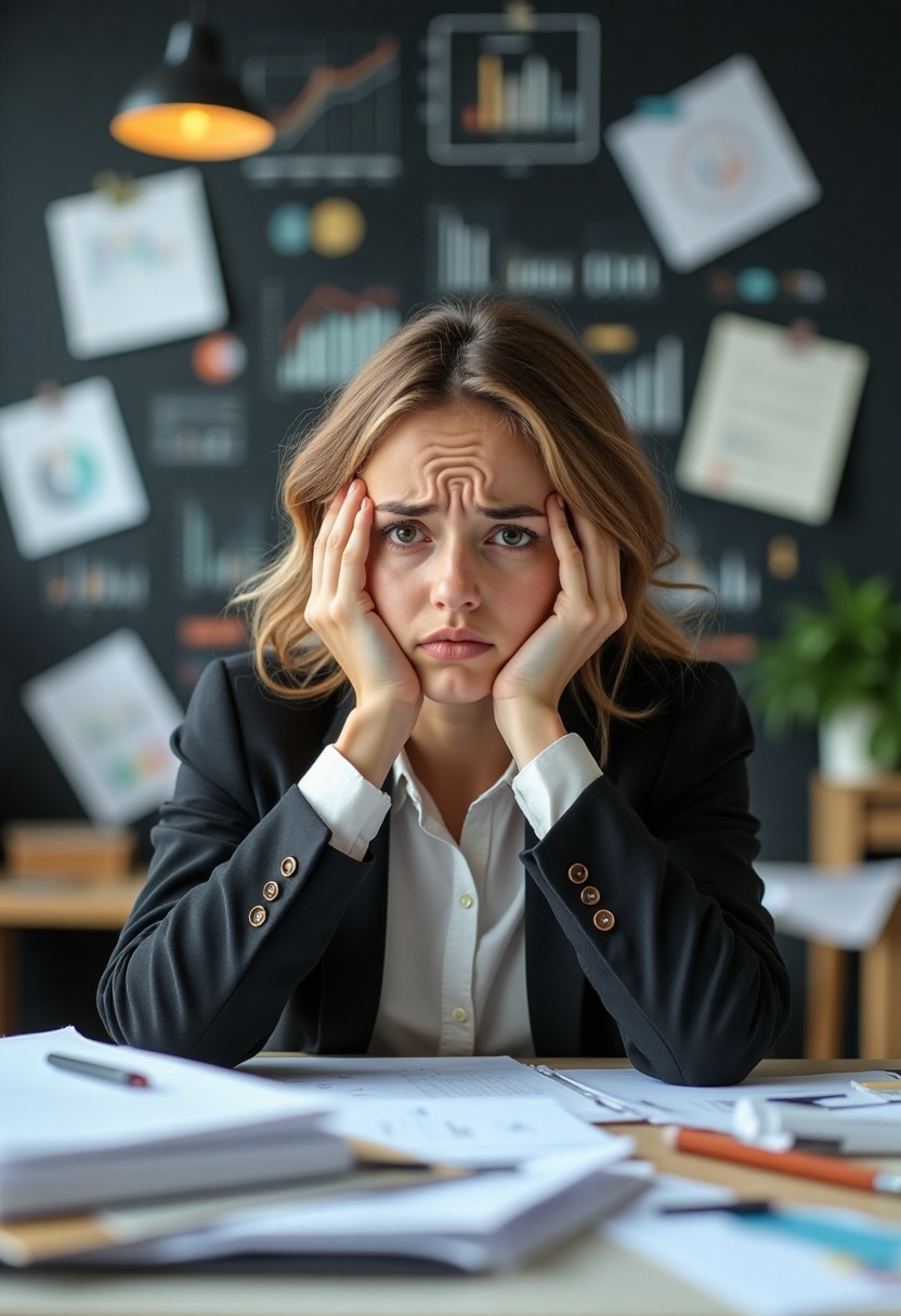 worried_girl,  This image captures the all-too-familiar scene of workplace stress,  showcasing a young woman with a worrie...