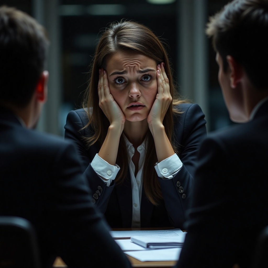 worried_girl,  IIn a dimly lit room,  a woman dressed in a business suit appears visibly distressed during a meeting. She...