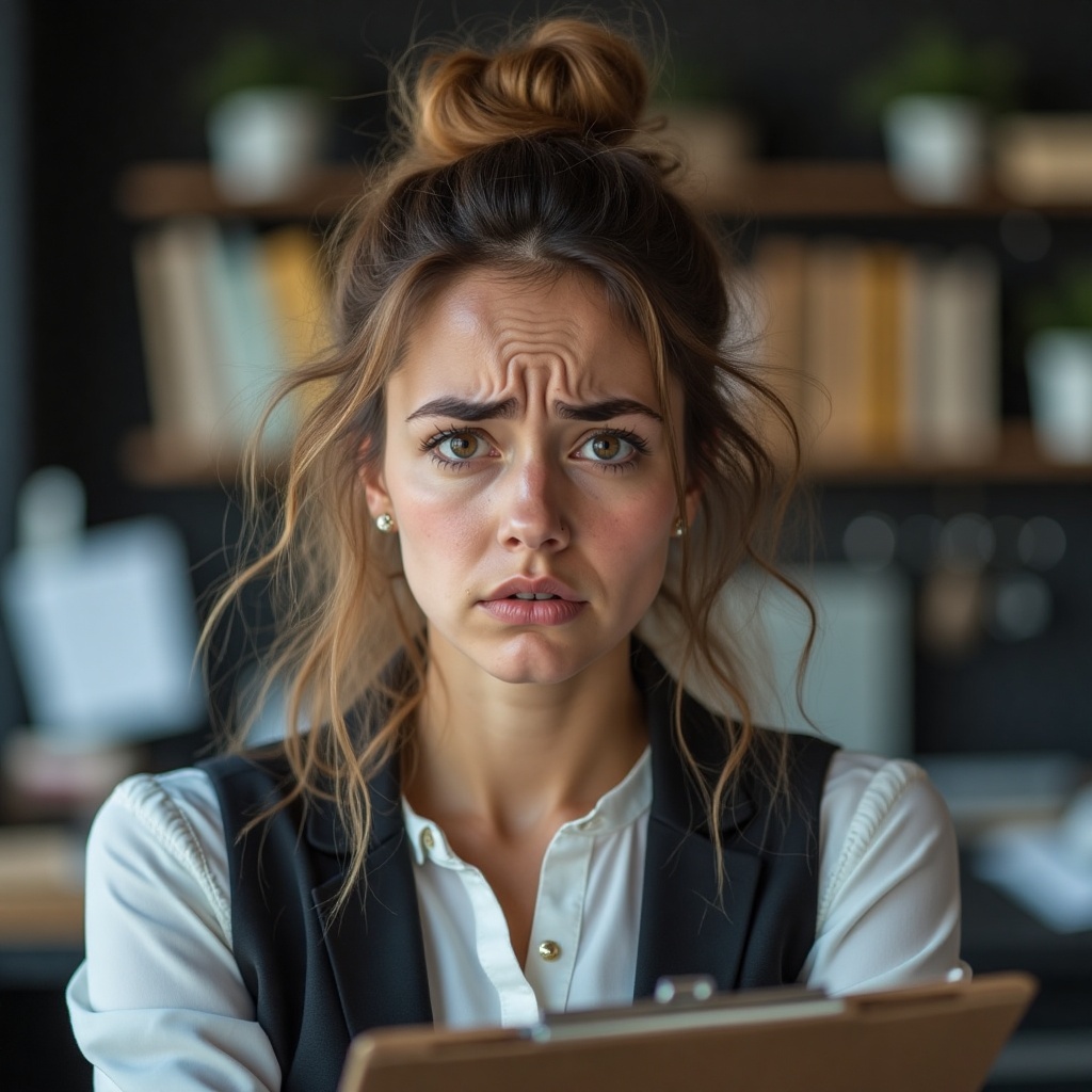 A young professional woman,  looking quite worried,  gazes directly at the viewer while holding a clipboard. Her expressio...