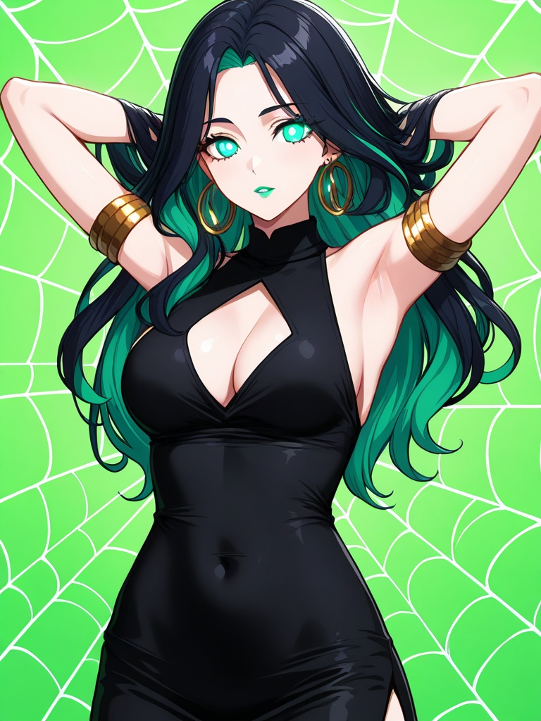 a woman with long dark hair and bright green eyes. She is wearing a black sleeveless top with a spider web design on the f...