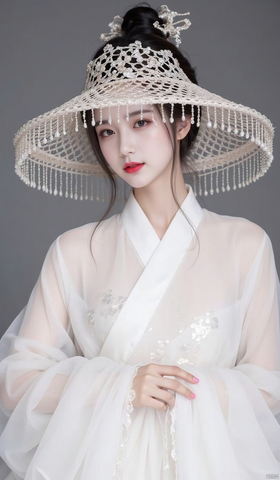 1women,hat,transparent white hanfu,lipstick,sheath,red lips,sexy