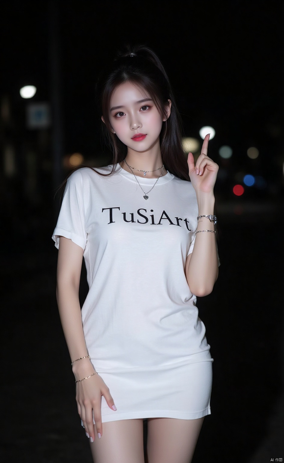 a woman with long dark hair,High ponytail,wearing a white long T-shirt with the words "TuSiArt" in black letters. She is wearing a silver necklace with a heart charm on it,and a bracelet on her left wrist. Her left hand is raised in the air,while her right hand is resting on her hip. The background is dark,with a few lights visible.thighs