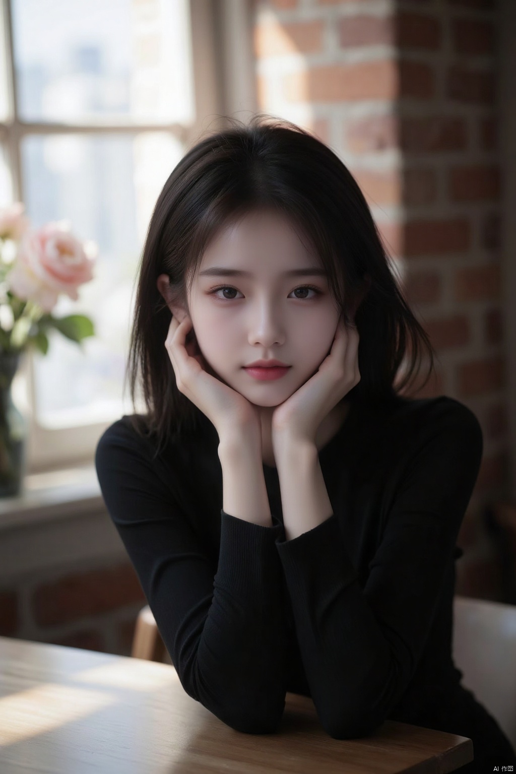 High-quality 8K photos. It was shot in a candid style, focusing on a young Taiwanese woman. She is the central subject of the picture, looking directly into the camera, her head resting on her hands, and wearing a black top. The composition feels intimate yet casual. The background shows a bright window with brick wall details and some interior furniture partially visible. Natural light enhances the soft and relaxing atmosphere. Her expression is calm and peaceful, adding to the sense of personal connection with the viewer. A floral decoration is visible on the left section, adding a touch of color and decoration to the scene.