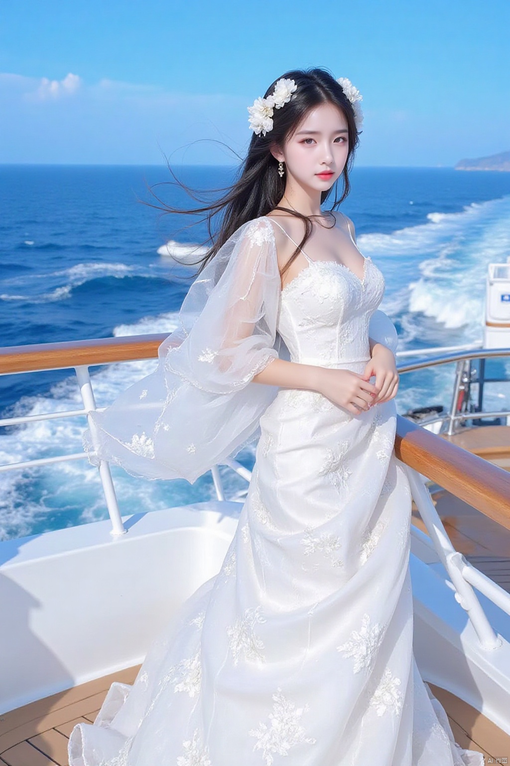 1girl,solo,long hair,black hair,whit dress,cruise ship