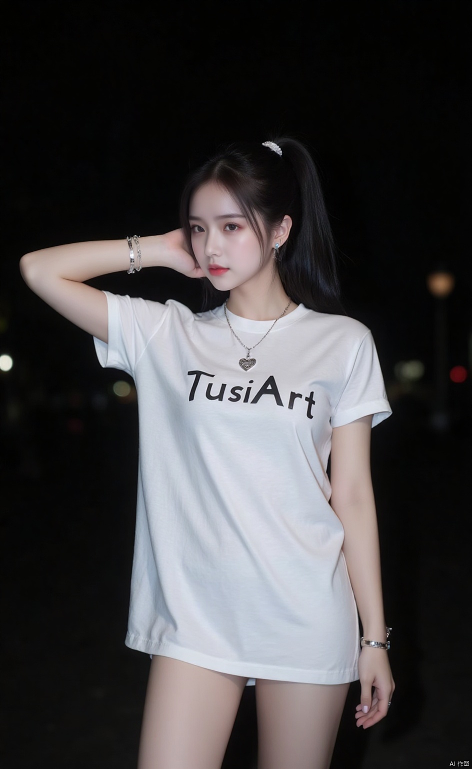 a woman with long dark hair,High ponytail,wearing a white long T-shirt with the words "TuSiArt" in black letters. She is wearing a silver necklace with a heart charm on it,and a bracelet on her left wrist. Her left hand is raised in the air,while her right hand is resting on her hip. The background is dark,with a few lights visible.thighs