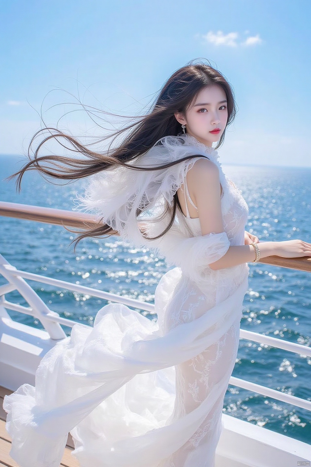 1girl,solo,long hair,black hair,whit dress,cruise ship