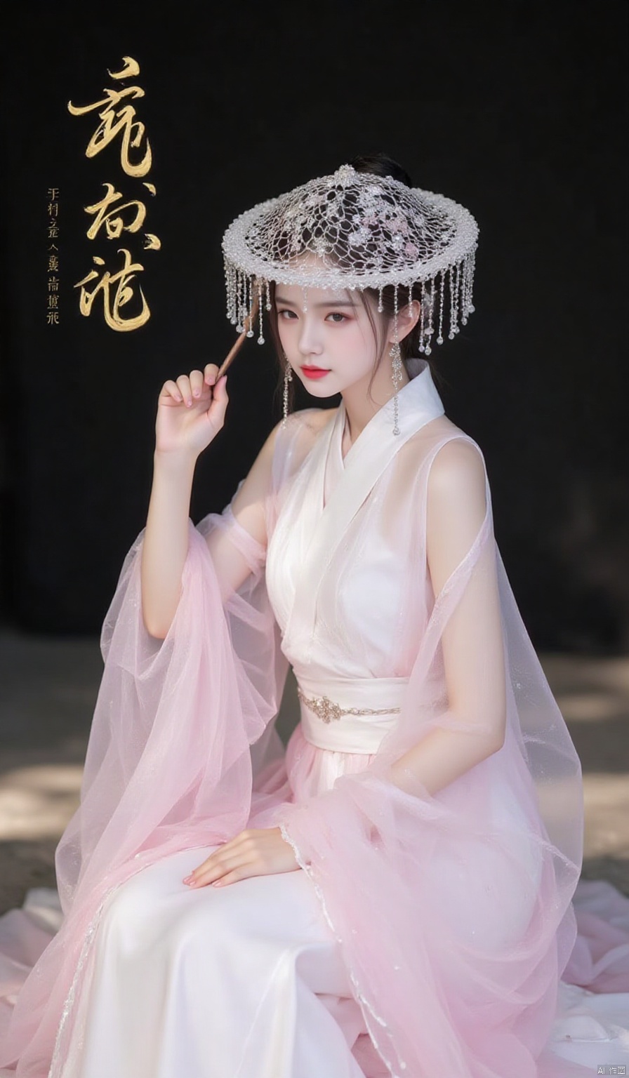 1women,hat,transparent white hanfu,lipstick,sheath,red lips,sitting,