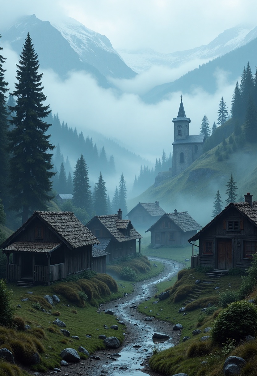Nestled among the mountains,  a village shrouded in mist presents a serene yet eerie morning scene. A muddy path carves th...
