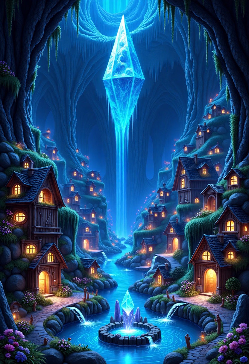 A village built inside a vast,  glowing crystal cavern. The houses are carved into the walls of the cavern,  with windows...