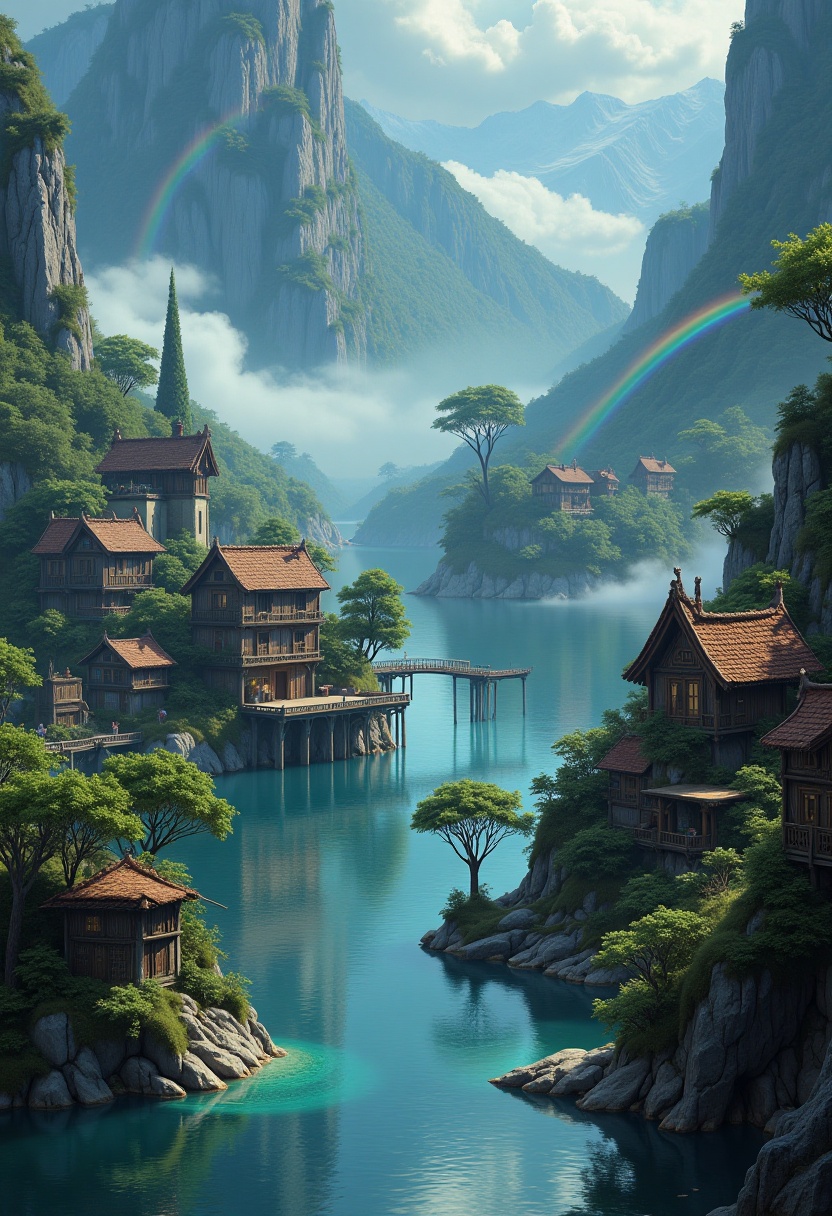 A village situated on the shores of a serene,  mystical lake. The houses are built on stilts over the water,  with wooden...