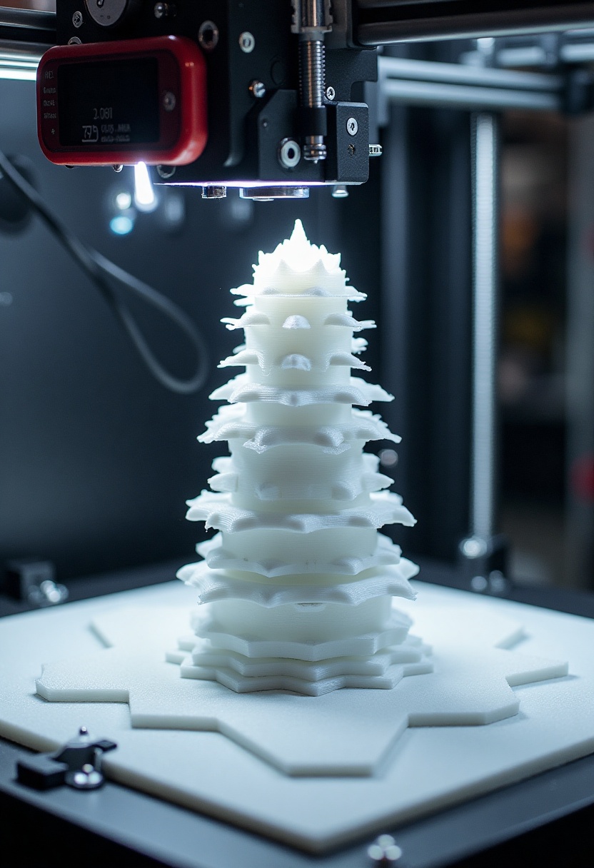 The image showcases an advanced 3D printer as it intricately fabricates a towering,  multifaceted structure from white fil...